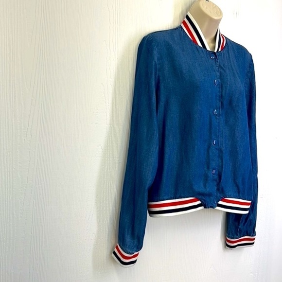 Mossimo - Retro Stonewashed With Red Blue Stripe Trim Button Up Jacket Size M - Picture 3 of 11